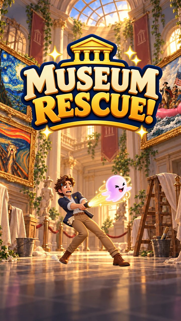 Museum Rescue! key art: a young curator catching a ghost with a flashlight in a grand museum hall